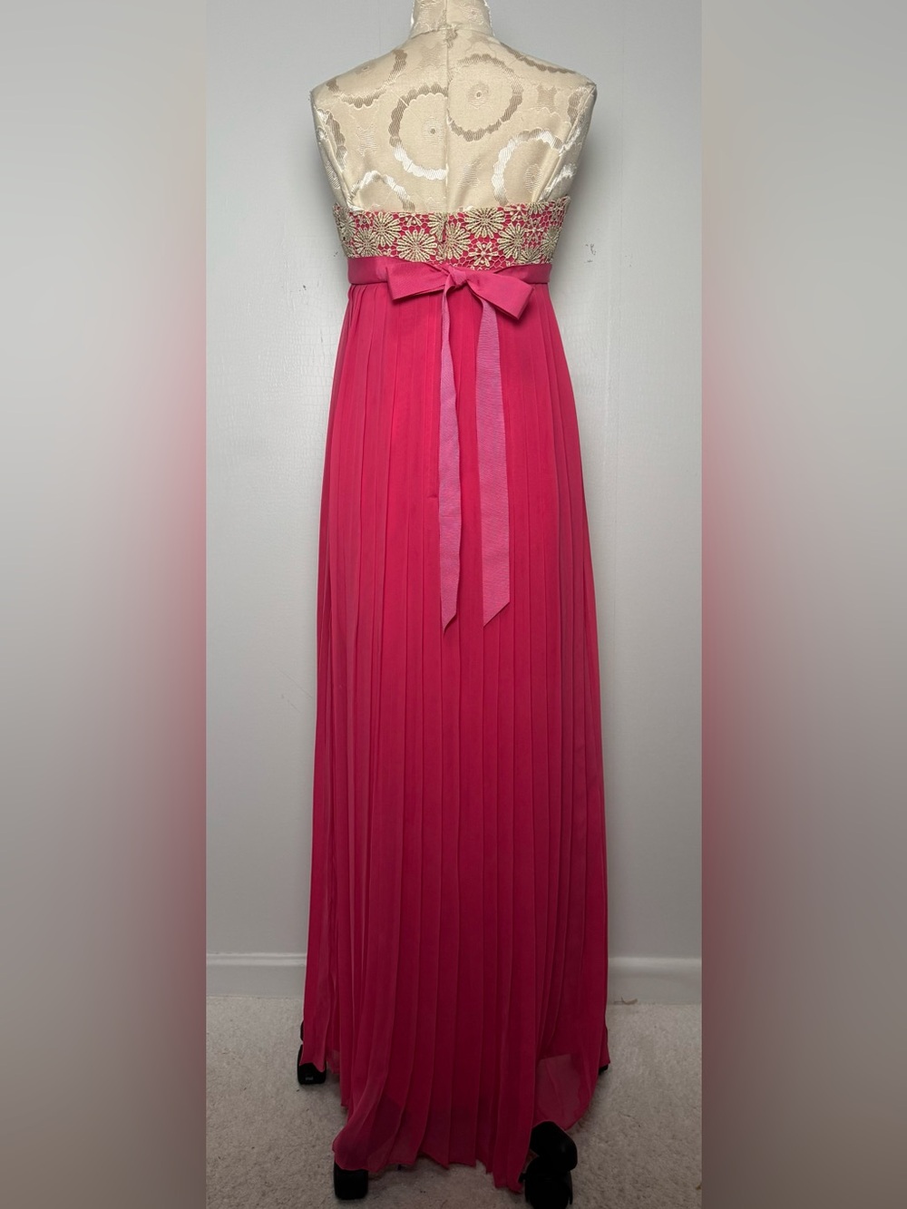 Lilly Pulitzer Pink Pleated Strapless Gold Lace Formal Gown Sz S - Picture 9 of 16